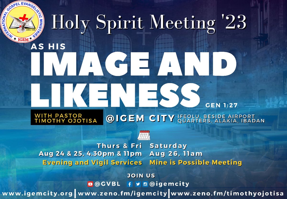 igemcity's tweet photo. Holy Spirit meeting continues today. Be there! #igem #igemcity #holyspiritmeeting #gospel #wordoflife #hislikeness #hisimage #faith https://t.co/8DVgRUhMg2