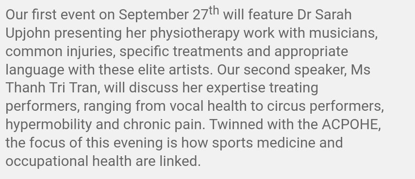 physiosinsport's tweet photo. FULL PROGRAMME!

2709
'Performing Physiotherapy'
'Physiotherapy with Musicians'

2510
'Gymnastic Medicine'
'Diving Medicine'

2911
'Bendy Bodies, Bendy Brains – Implications from Research'

'Managing Neurodiversity and Physio-The Lived Experience'

Book: 
https://t.co/VGZAgluVQu https://t.co/6LR48E4Vpj