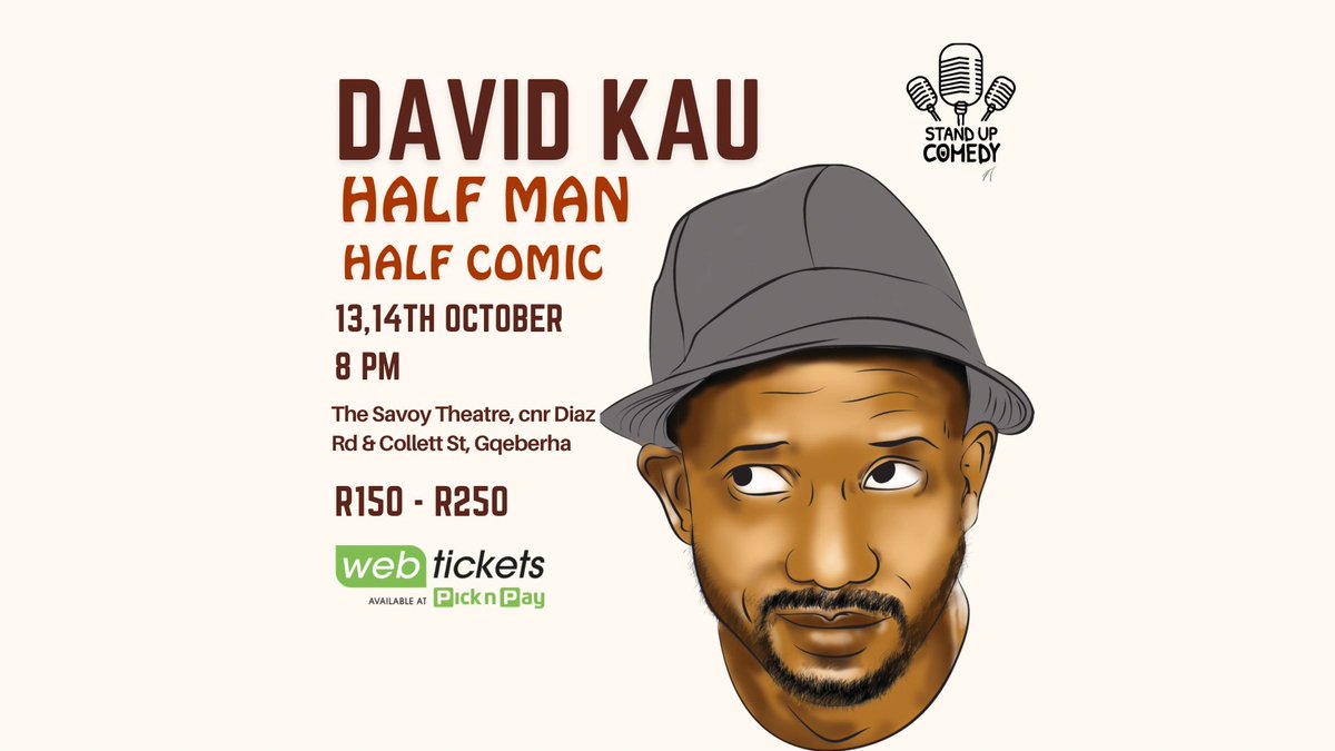 davidkau1's tweet photo. Gqeberha, formerly known as Port Elizabeth. It’s been years since I’ve done shows in EC. 13th & 14th October let’s get together at The Savoy Theatre for my one man show - #HalfManHalfComic tickets available at @webticketsSA @PicknPay link https://t.co/yQJddrh2gg after this I’m live at @GoldReefCitySA Lyric Theatre 19th - 22nd Oct with four shows. RT if you’ve never seen me live before. #DavidKauLive #Comedian #StandupComedy #GoodVibesOnly