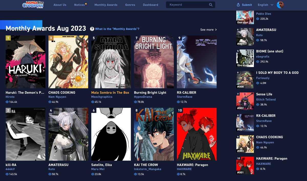 Today I launched my manga HAXWARE: Paragon, &amp; I'm hosting it on a site ran by the biggest manga publisher in Japan, &amp; I hit the top 10, &amp; got front page promotion.

🧵 1/3