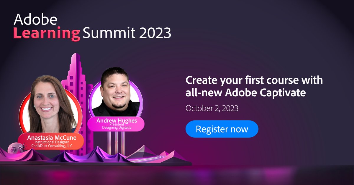The much awaited all-new Adobe Captivate (Project Charm) was recently released. Learn to create your first course with the tool, from Anastasia McCune and Andrew Hughes in a hands-on workshop.
Register now bit.ly/3P5qUGm

#AdobeLearningSummit #AdobeLearningSummit2023