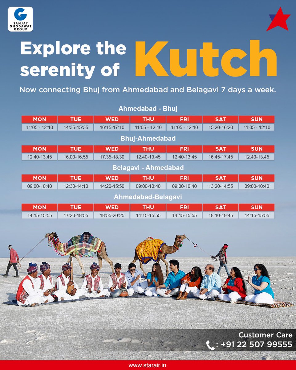 Explore Kutch like never before! 🐪✈️ Star Air weaves a vibrant thread connecting Belagavi, Ahmedabad, and Bhuj.

Embark on a journey that stitches cultures, landscapes, and stories together.  

#OfficialStarAir #WeCare #ConnectingReallndia #FlyWithStarAir #SGGRising #Travel