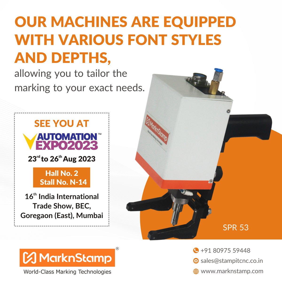 MarknStamp's tweet image. We extend a warm invitation to come and explore our exhibition space located at Automation Expo 2023, Hall No. 2, Stall No. N-14 upto August 26th, 2023. 

Contact us at +91 80975 59448 or visit our website at marknstamp.com today.

#MarkingMachine #LaserMarking