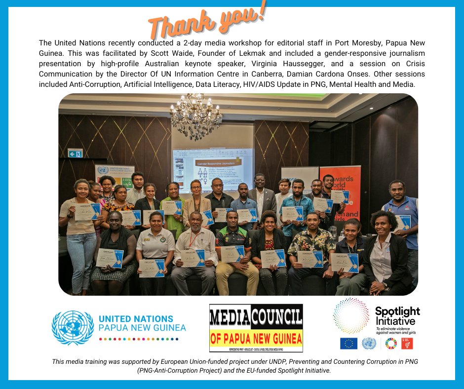 Under the leadership of UN Resident Coordinator @HowardUNPNG and the UN Country Team, <a href="/UNinPNG/">United Nations in Papua New Guinea</a>  completed a 2-day media workshop for editorial staff in Papua New Guinea. Theme for the training was on "Verified Fact" as a means to combating mis/disinformation and hate speech.