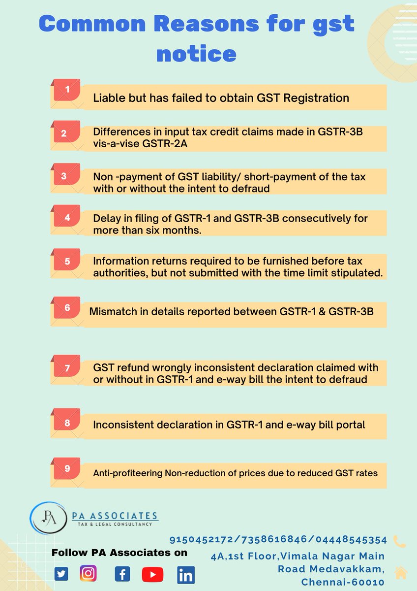 PAAssociatestwe's tweet image. Common Reasons for gst notice

#gst #gstupdates #gstnotification #gstnotice #GSTR #reason