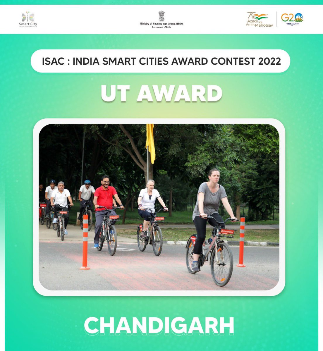 HardeepSPuri's tweet photo. Heartiest congratulations to @ChandigarhSmart for clinching the ‘Best Union Territory’ Award at #ISACAwards2022!
This planned city continues to evolve. Embracing initiatives like #Cycle4Change &amp; walkable cities, it is adapting innovation under #SmartCitiesMission 

@narendramodi https://t.co/rcWsid13kC
