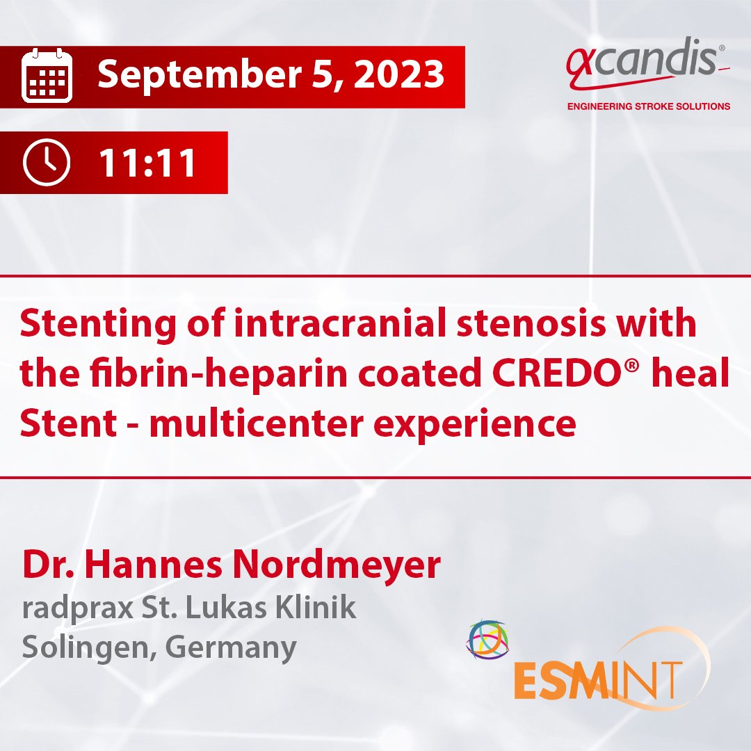 We are excited for #ESMINT2023 in Marseille!
 
 Don't miss Dr. Nordmeyer's presentation on the topic 'Stenting of intracranial stenosis with the fibrin-heparin coated CREDO heal Stent - multicenter experience' on Tuesday, at 11:11 AM. 
 #Neuroradiology #stenosis #CREDO