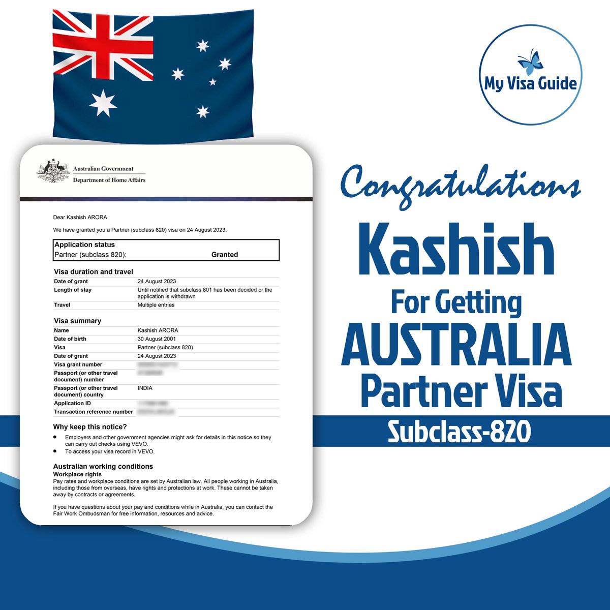 MyVisaGuide's tweet image. Congratulations KASHISH for Partner (Subclass 820) Visa grant.
Are you already in Australia and your visa expiring soon?
Please contact us soon...
WhatsApp
+61416582024
192357-00008
I 92367-00008

#australia
#AustraliaStudyVisa
#AustraliaStudy #australiatemprorarygraduatevisa