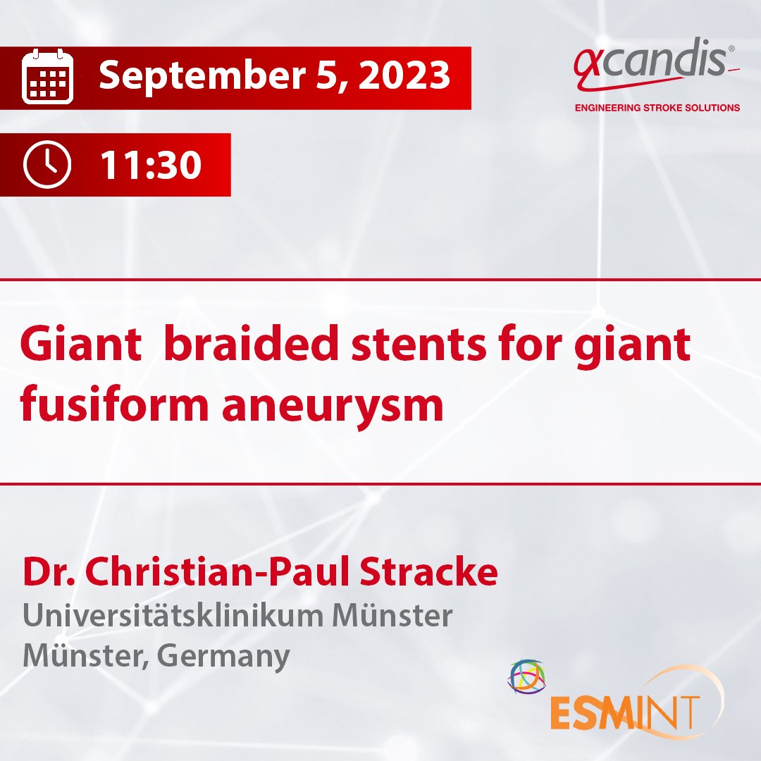 We are excited for #ESMINT2023 in Marseille!
 
 Don't miss Dr. Stracke's presentation on the topic 'Giant braided stents for giant fusiform aneurysm' on Tuesday, at 11:30 AM. Join the new technology symposium and learn more about the #ACCERO Rex.
 
 #Neuroradiology #ACCERORex