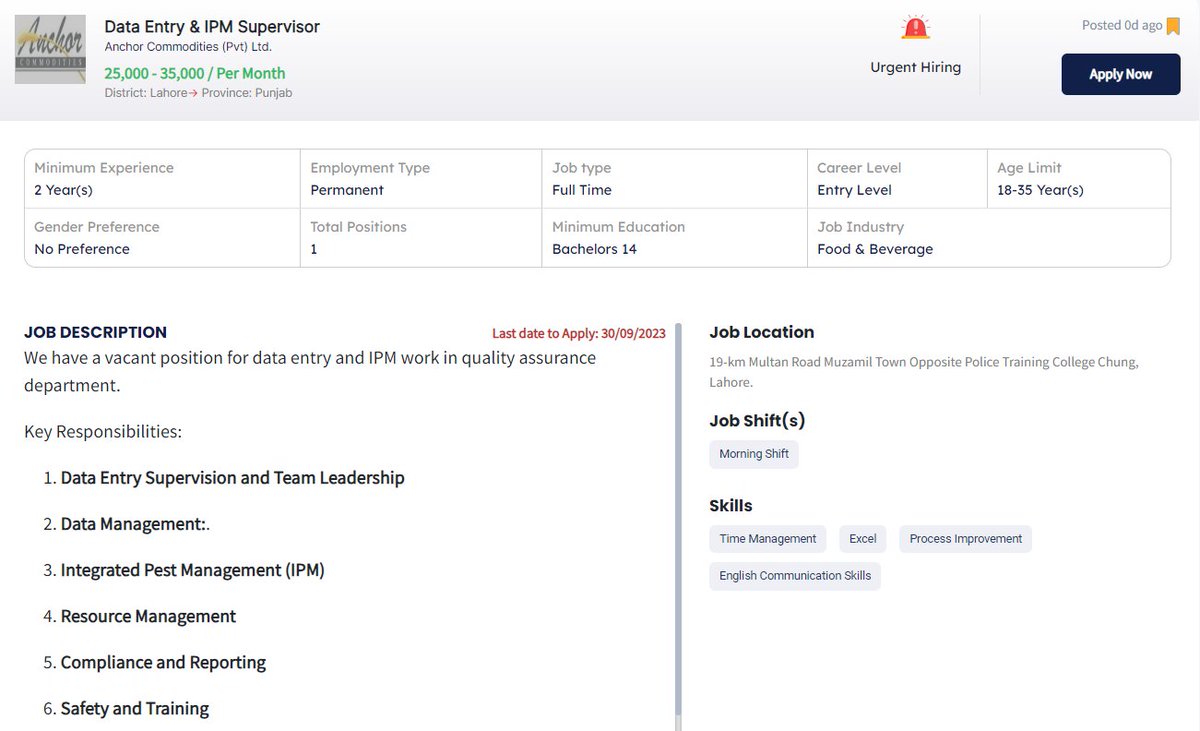 PunjabjobCenter's tweet image. Anchor Commodities is hiring Data Entry &amp;amp; IPM Supervisor
Salary : 25000-35000
Location : Lahore
To Apply on available jobs please registered at our official website jobcenter.punjab.gov.pk/worker/create
#pjc #punjabjobcenter #latestjobopenings #updateyourprofile
#updateyourprofile #jobopenings