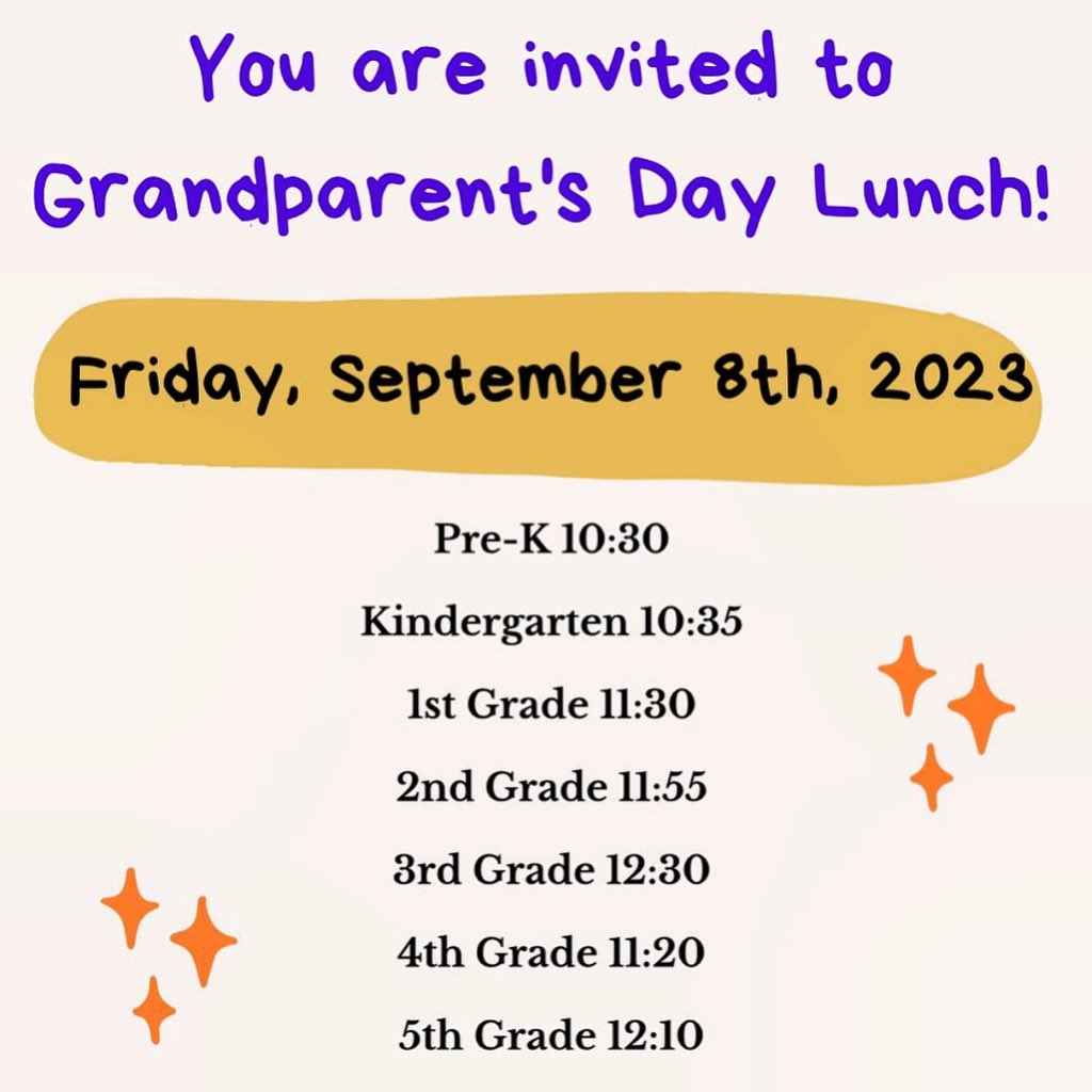 Get your RSVPs in for our Grandparent’s Day Lunch! Meals are $4.50 (cash only) and include sweet tea! We can’t wait to honor you!