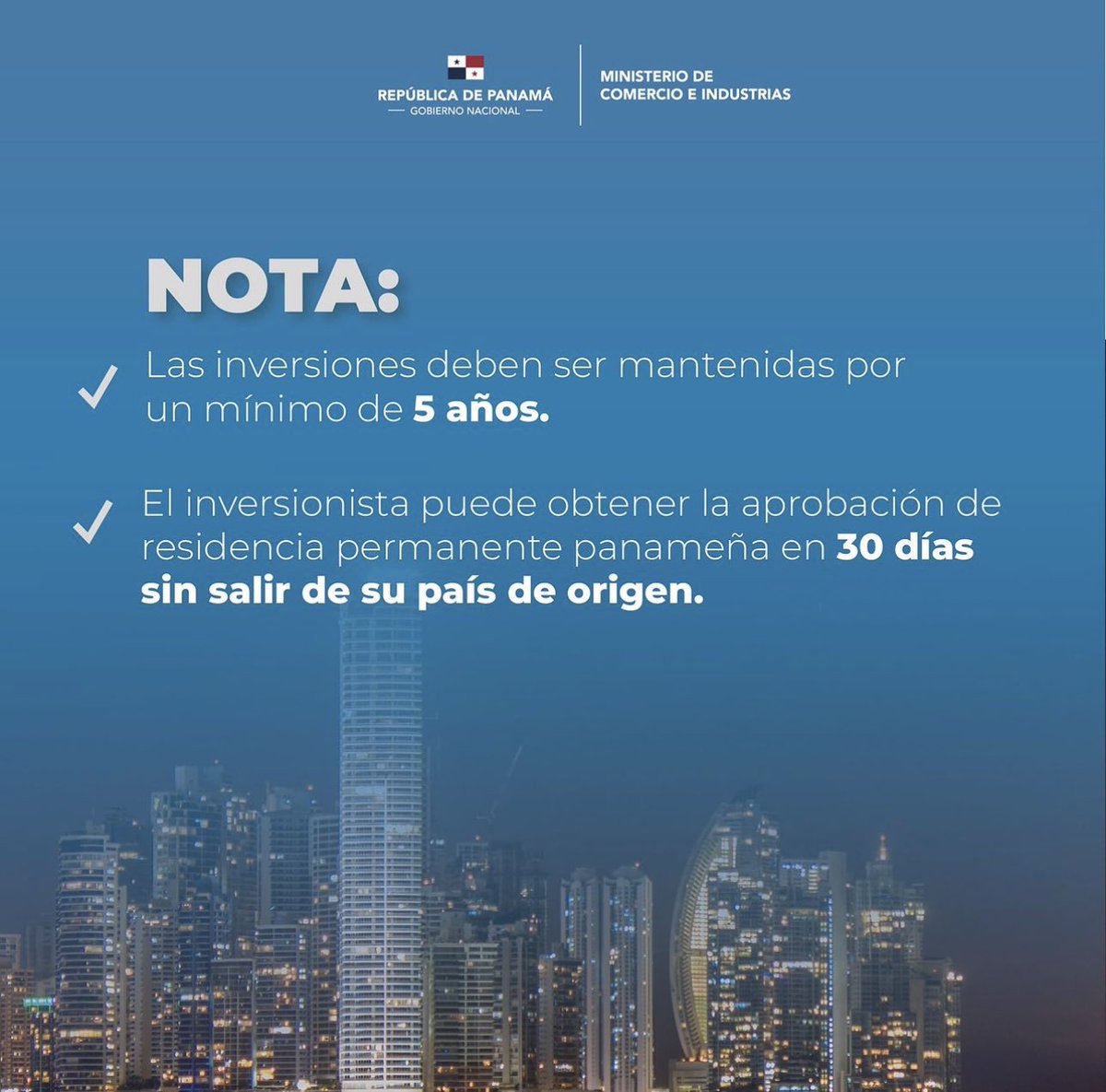 ¡Panamá: El lugar para invertir! 🇵🇦 ¿Sabías que con una inversión podrás aplicar a la Residencia Permanente en calidad de Inversionista Calificado?, La misma promueve la atracción de inversionistas y contribuye a la dinamización de distintos sectores de la economía. 

#Panamá
