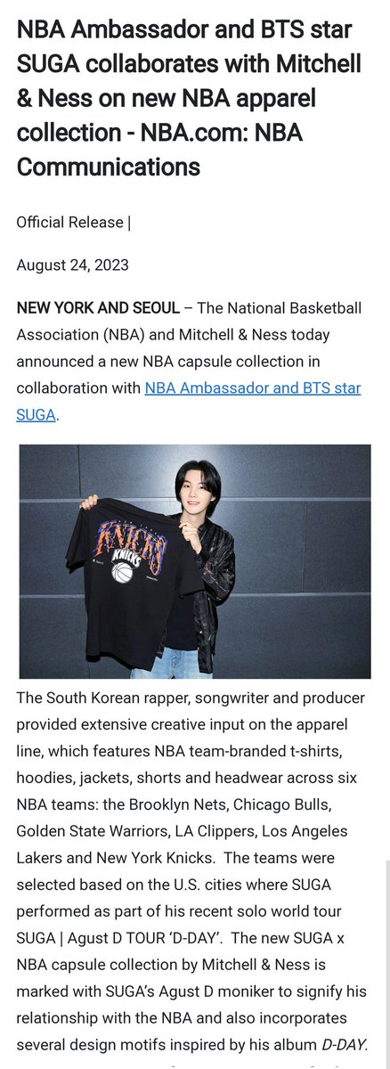 BTS SUGA To Release New NBA Apparel Collection