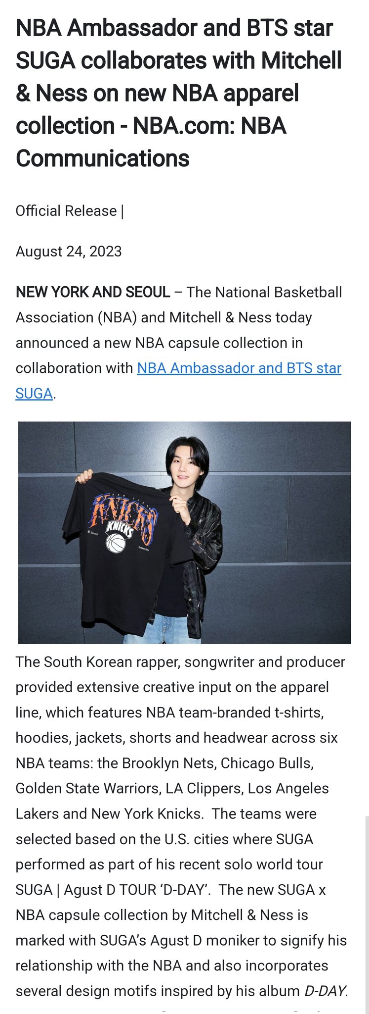 NBA Ambassador and BTS star SUGA collaborates with Mitchell & Ness