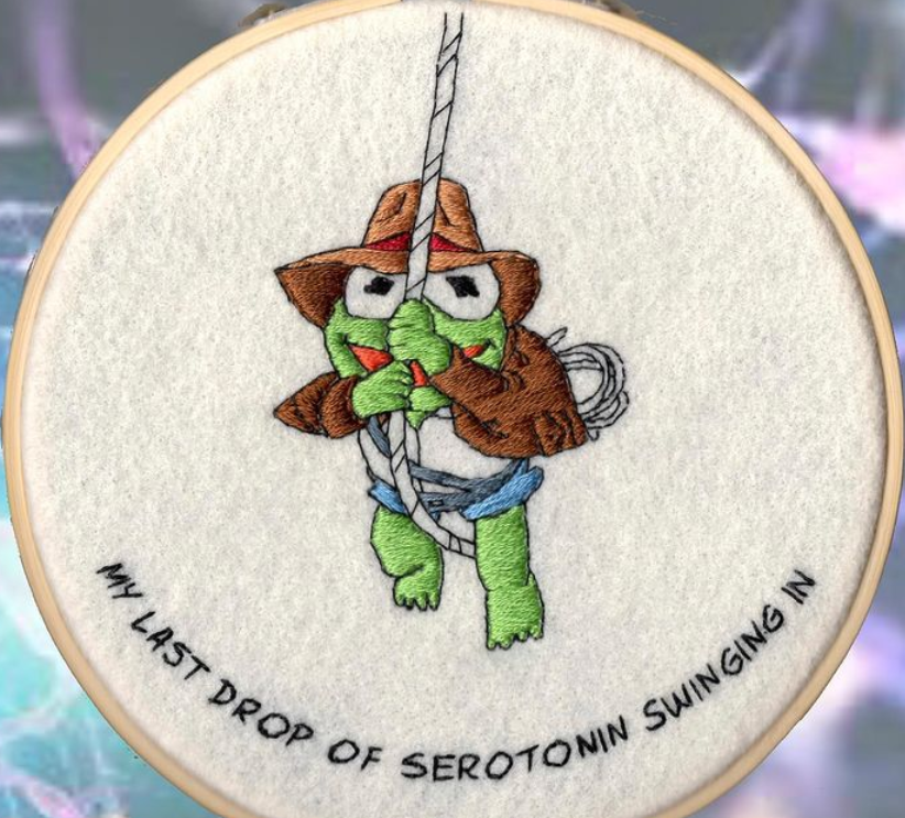 We love to see how creative you can be! Here is a cute and funny embroidery. IG: ohsewnerdy #embroidery #frog #serotonim #craft #indianajones #muppet #kermitthefrog