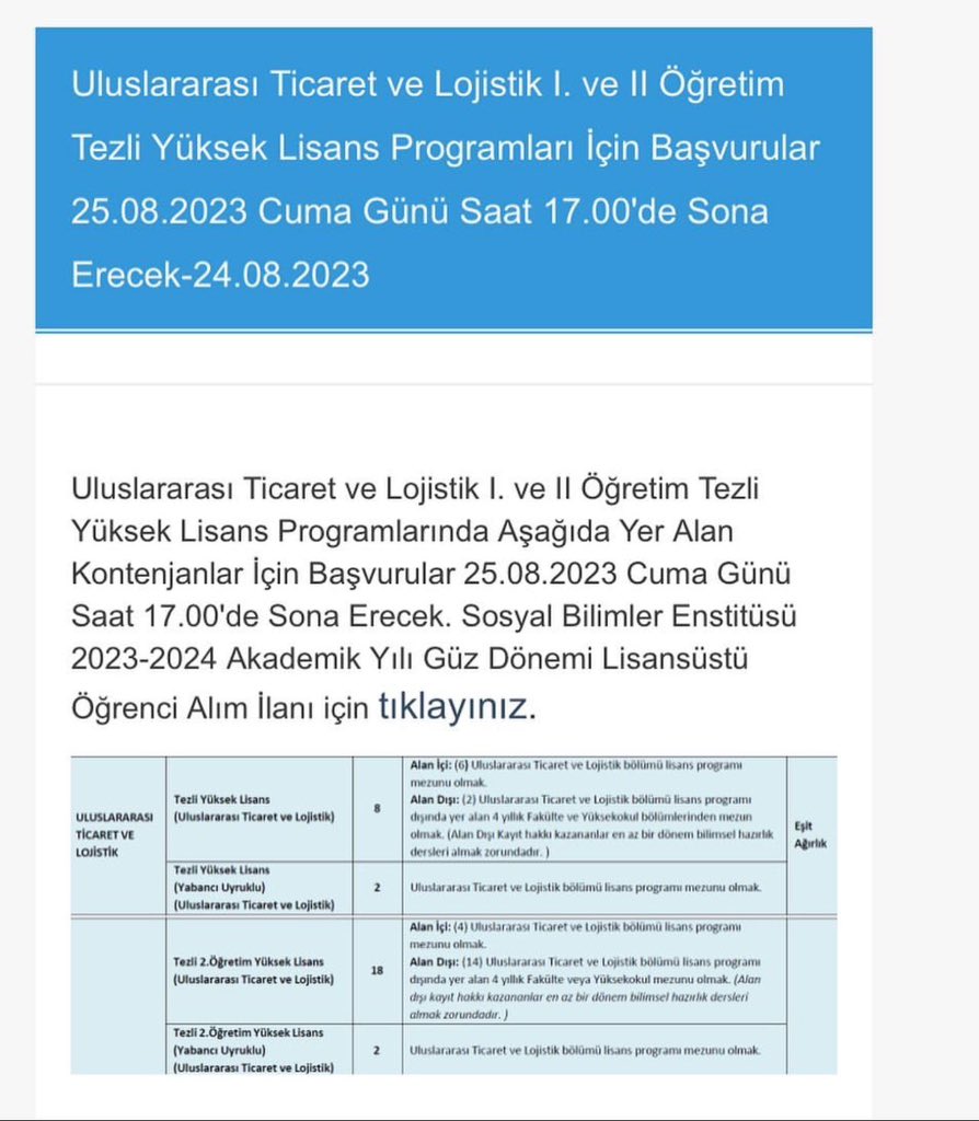 Kahramanmaraş Sütçü İmam Üniversitesi Uluslararası Ticaret ve Lojistik I. Ve II. Öğretim Tezli Yüksek Lisans Programları Başvuruları İçin Tıklayınız👉 utlb.ksu.edu.tr/default.aspx?D…