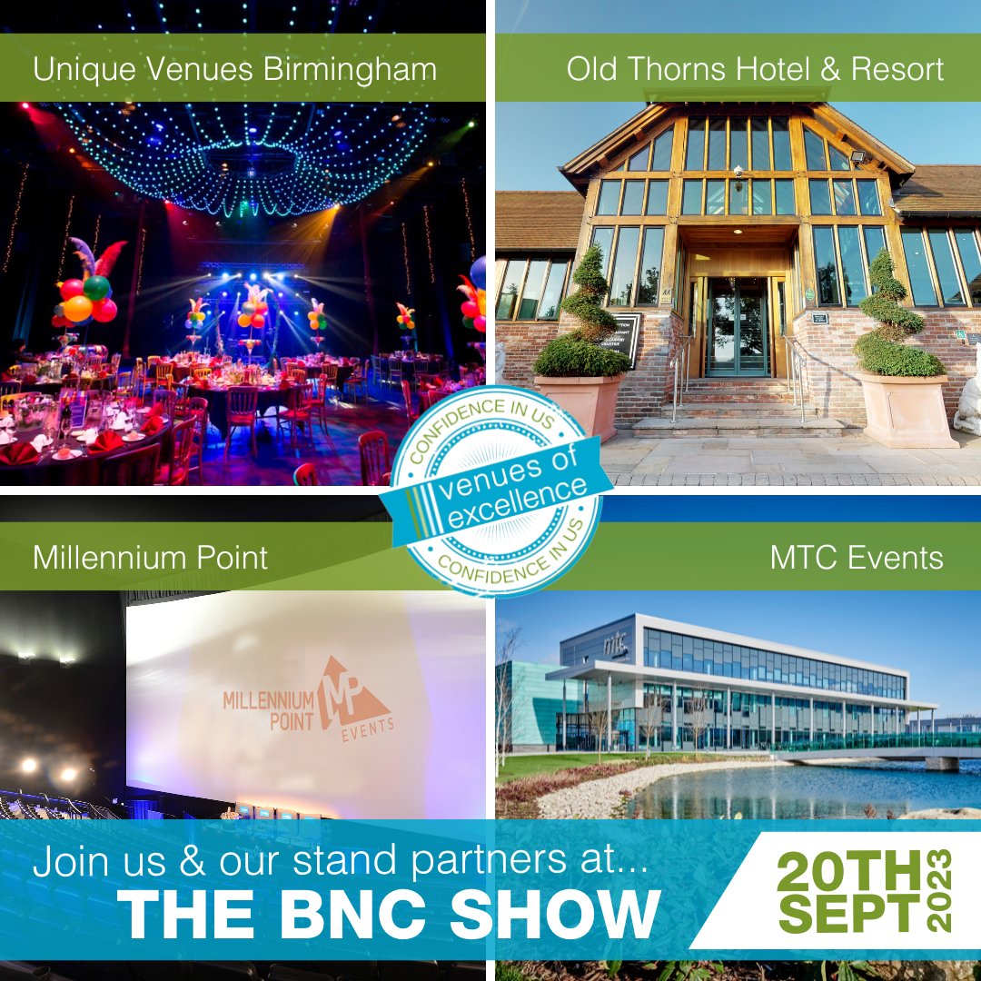 @BNCEventShow is coming up on 20th September & we are looking forward to exhibiting with our member venues, @millenniumpoint, @_MTCEvents, @OldThornsHotel & @uvbirmingham!🙌 Come & say hello to Nicky on stand 146-148 at @HacEvents 👋 🎟 bnceventshows.com #BNCShow #TheHAC