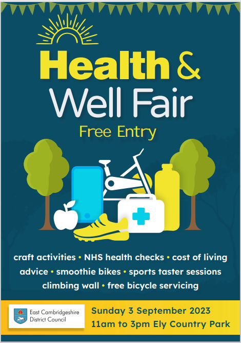 We will be there! Come over for a chat, see what we have to offer. 
East Cambridgeshire District Council are hosting the Health and Well Fair 11am - 3pm 3rd September 2023 in Ely Country Park. 
You can find out more here bit.ly/HealthandWellF…