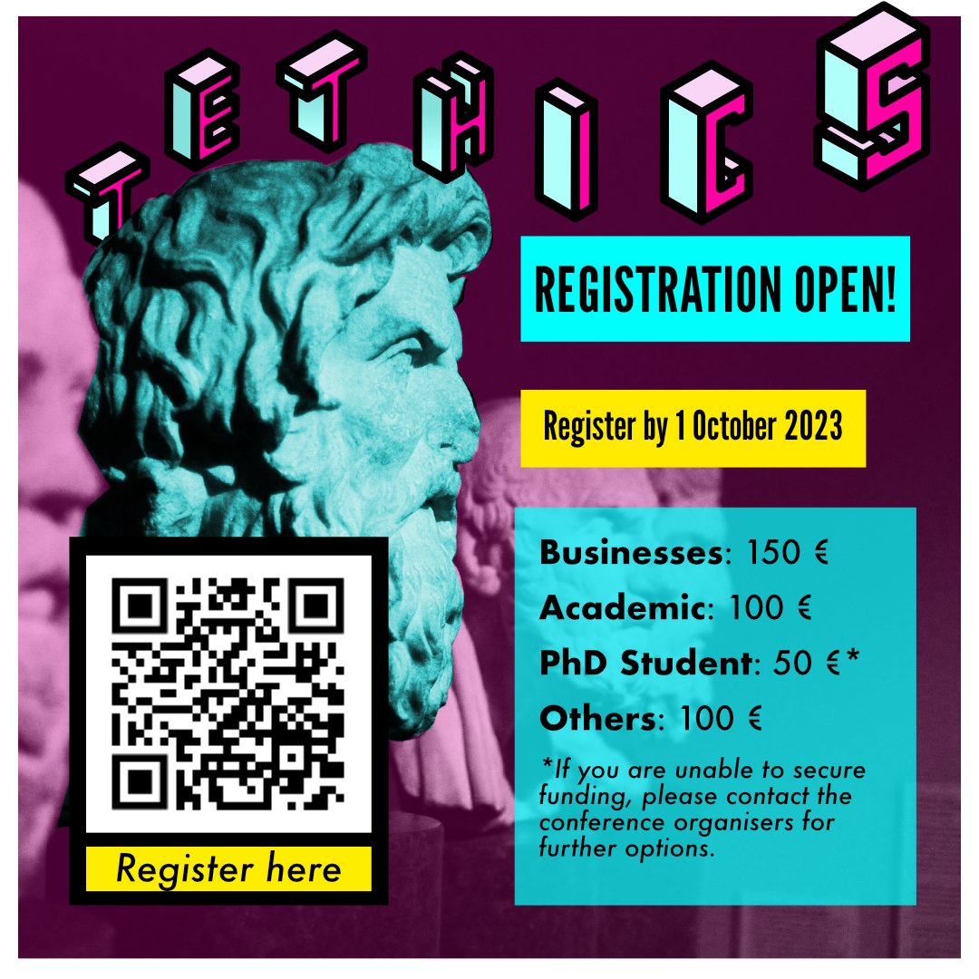Tethics_Conf's tweet photo. Registration for Tethics 2023 is finally open! Register by the 1st of October, and we'll see you in Turku 18.–19.10.2023! Link: https://t.co/bBC9dJzjeI #Tethics2023 #TechnologyEthics @UniTurku https://t.co/ZEXsgX3yTu