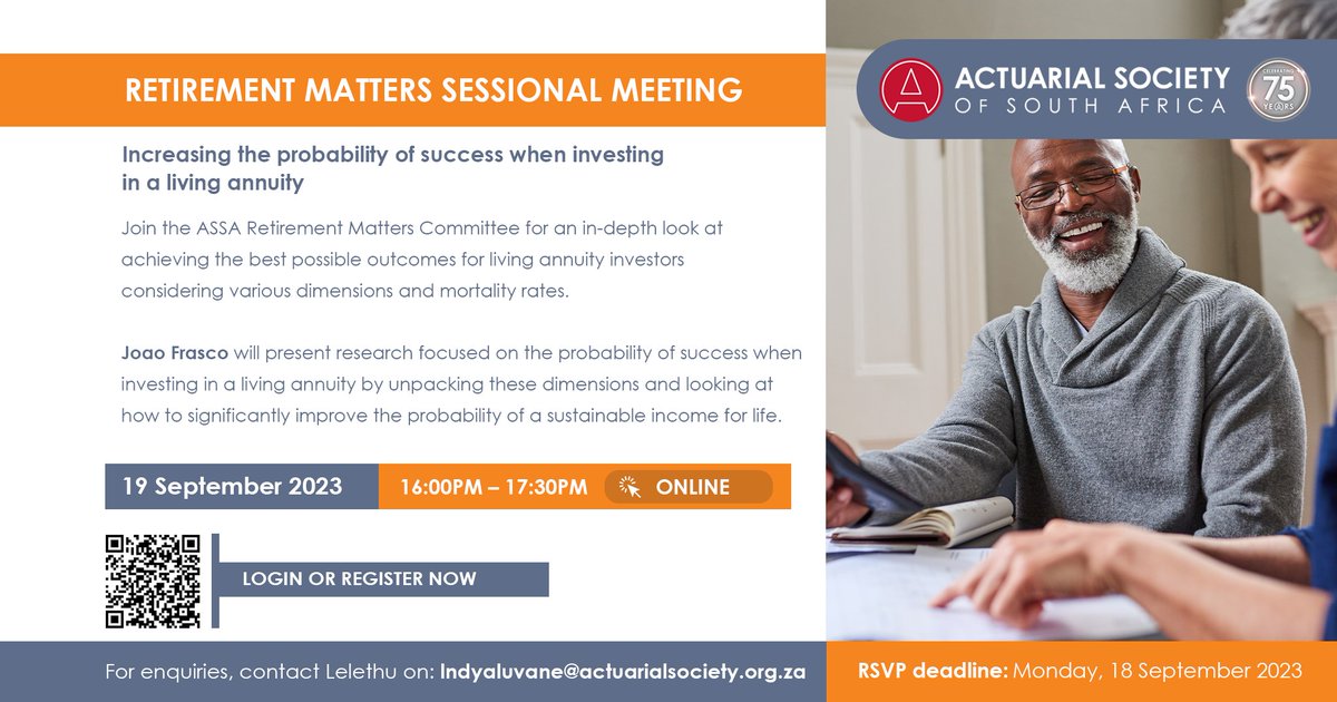 Please join us for the <a href="/ActuarialSa/">ActuarialSocietyofSA</a> Retirement Matters Sessional on 19 September, where <a href="/joaofrasco/">Joao Frasco</a> will share insights from research into the probabilities of success for different living annuity drawdown rates across different investment strategies.