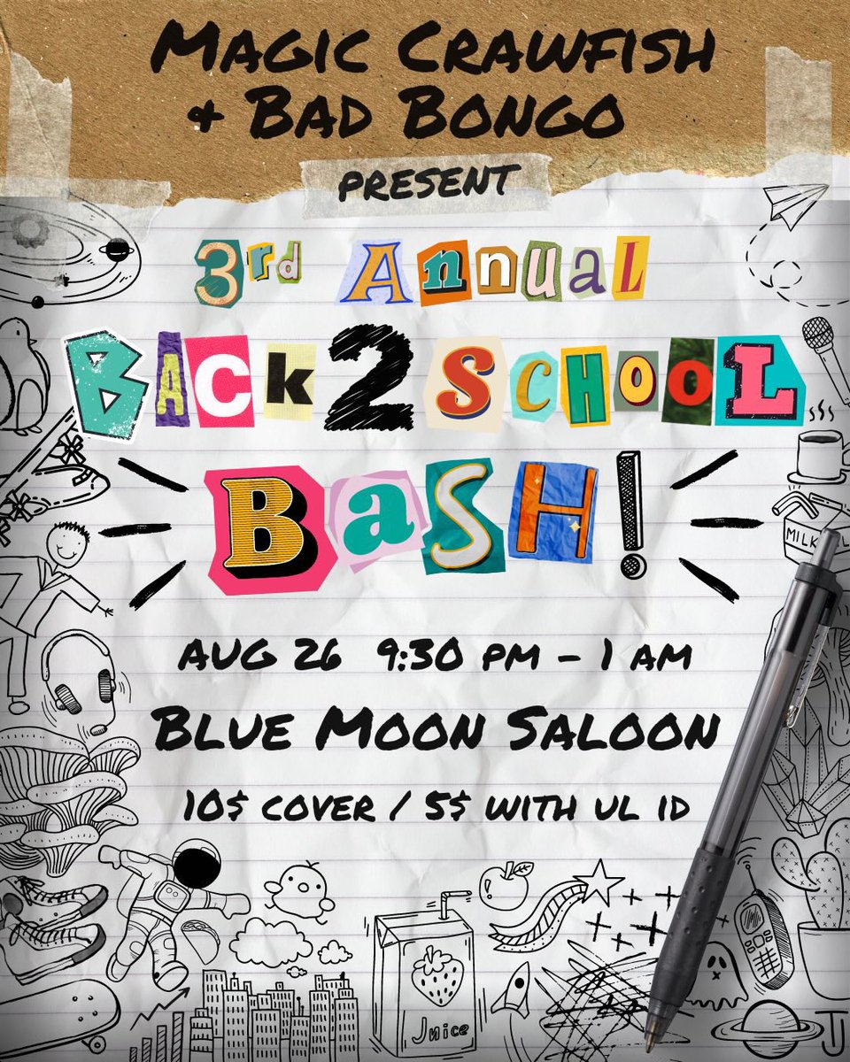 MagicCrawfish's tweet photo. 3rd Annual Bagic BongoFish Back to School Bash this Saturday at the Blue Moon Saloon!!! https://t.co/MF3SpY3MHg