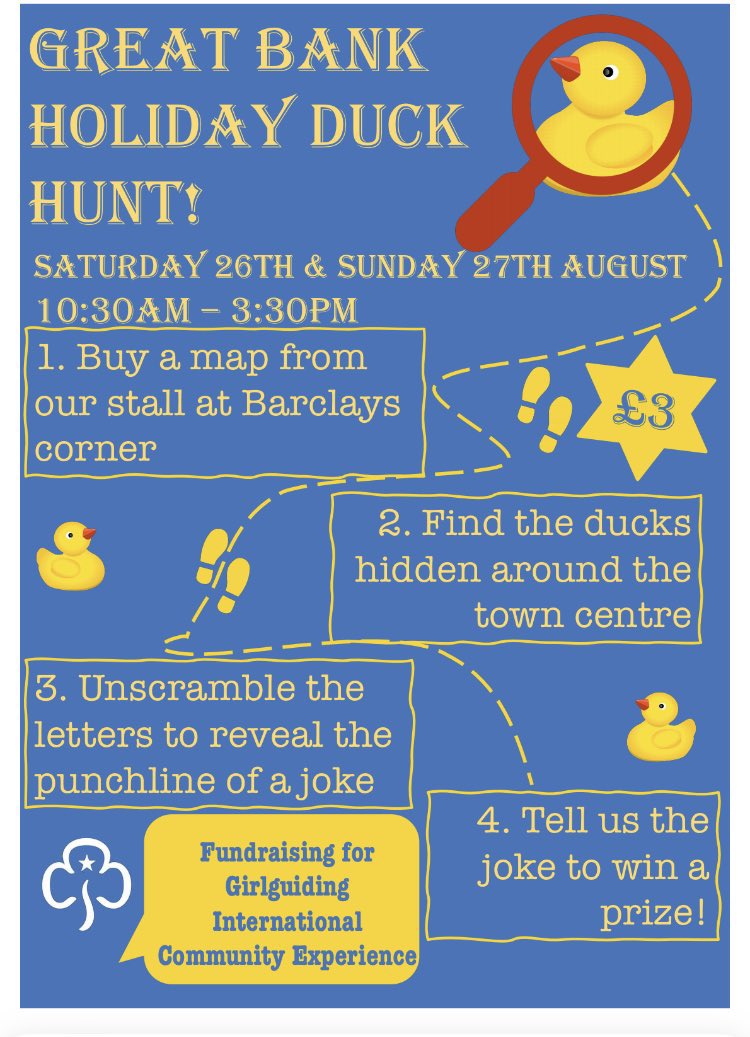 mckenz1e's tweet photo. GREAT BANK HOLIDAY DUCK HUNT!
🐥
My 12-year old daughter has organised a duck hunt in #Wilmslow this weekend to fundraise for a Girl guiding international community experience. Details below…

Pls RT @wfa2001 @socheshire @wilmslowcouk @wilmslow_news @Wilmslowparkrun https://t.co/dB7aq84fBL