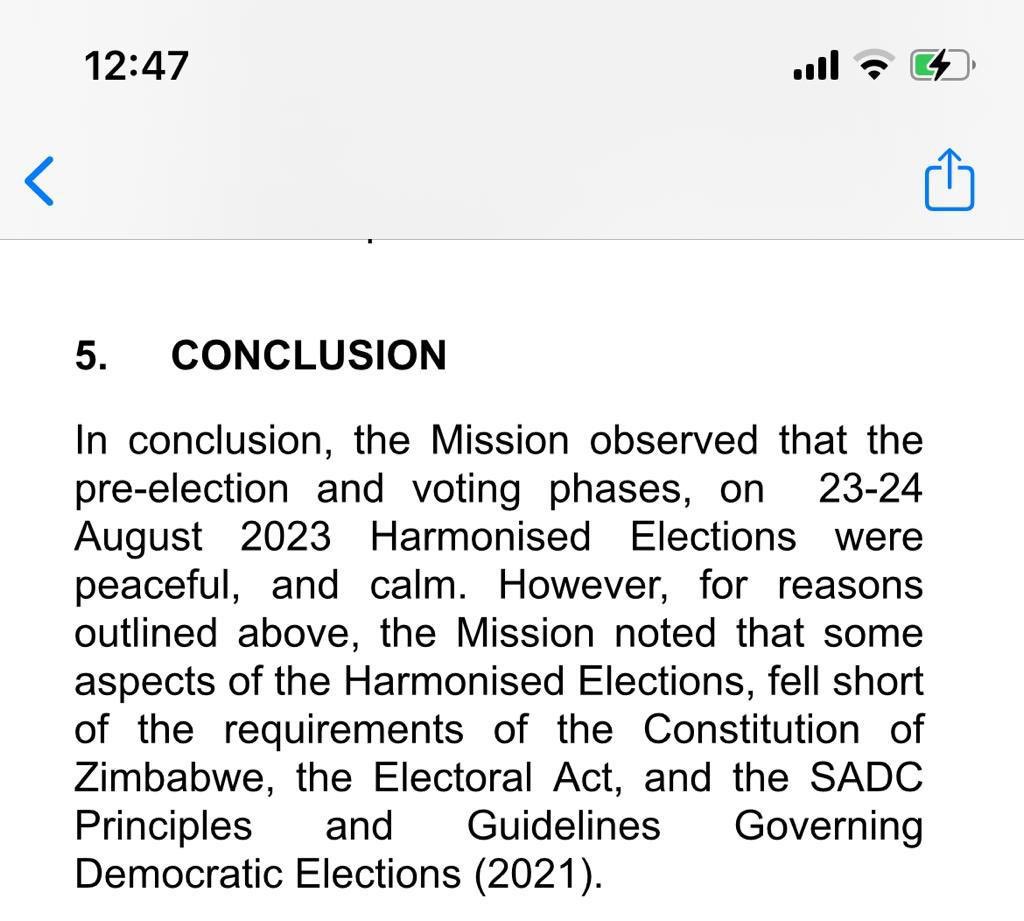MmusiMaimane's tweet photo. The head of the SADC observer mission on the #ZimbabweElections2023 has said

“the election fell short of the requirements of the Constitution of Zimbabwe, the Electoral Act, and the SADC Principles and and Guidelines Governing Democratic Elections (2021).”

This is very worrying https://t.co/rxVyib7syk