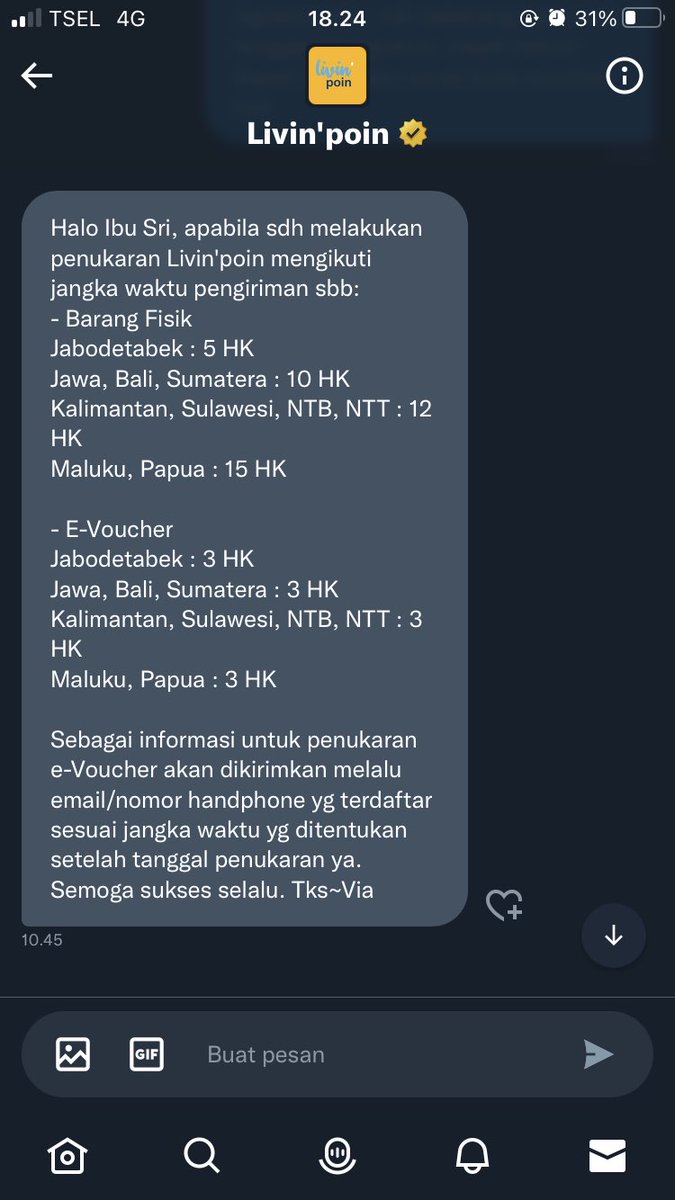 cutmilisri's tweet photo. @livinpoin sesuai prosedur e-voucher nya dikirim 3 HK setelah tanggal redeem kan yah? Jabodetabek nih! Sudah lewat 3 HK kok belum dikirim juga ya? Gimana nih? https://t.co/N8ZtyX1XgO