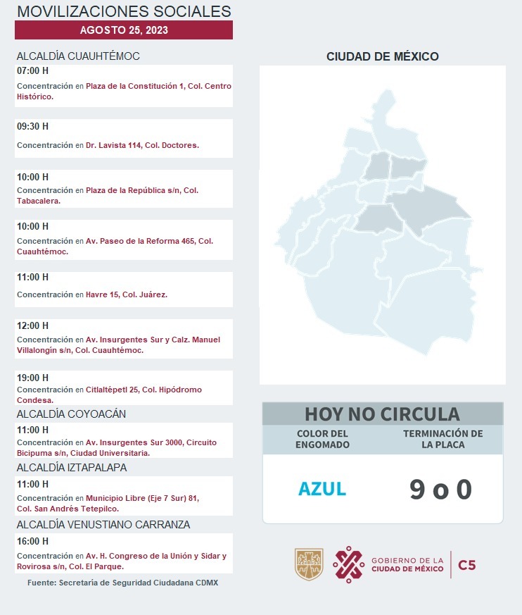 ⚠🗓 #ENTÉRATE | Para hoy, 25 de agosto 2023, estas son las movilizaciones sociales previstas en la Ciudad de México. #C5ConConfianza #MovilidadCDMX