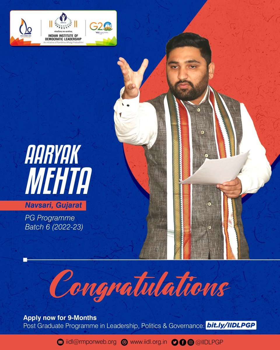 iidlpgp's tweet photo. #IIDL- Indian Institute of Democratic Leadership’s Batch 6 student - @aaryak_mehta is an IIDL Achiever from Navsari, Gujarat.
You can be one of the #IIDLAchievers too.
Apply now to #JoinIIDL's PGP 2023-24 Batch➡️ https://t.co/MN4lJeNlG0
#IIDLPGP https://t.co/Z2QD45o57F