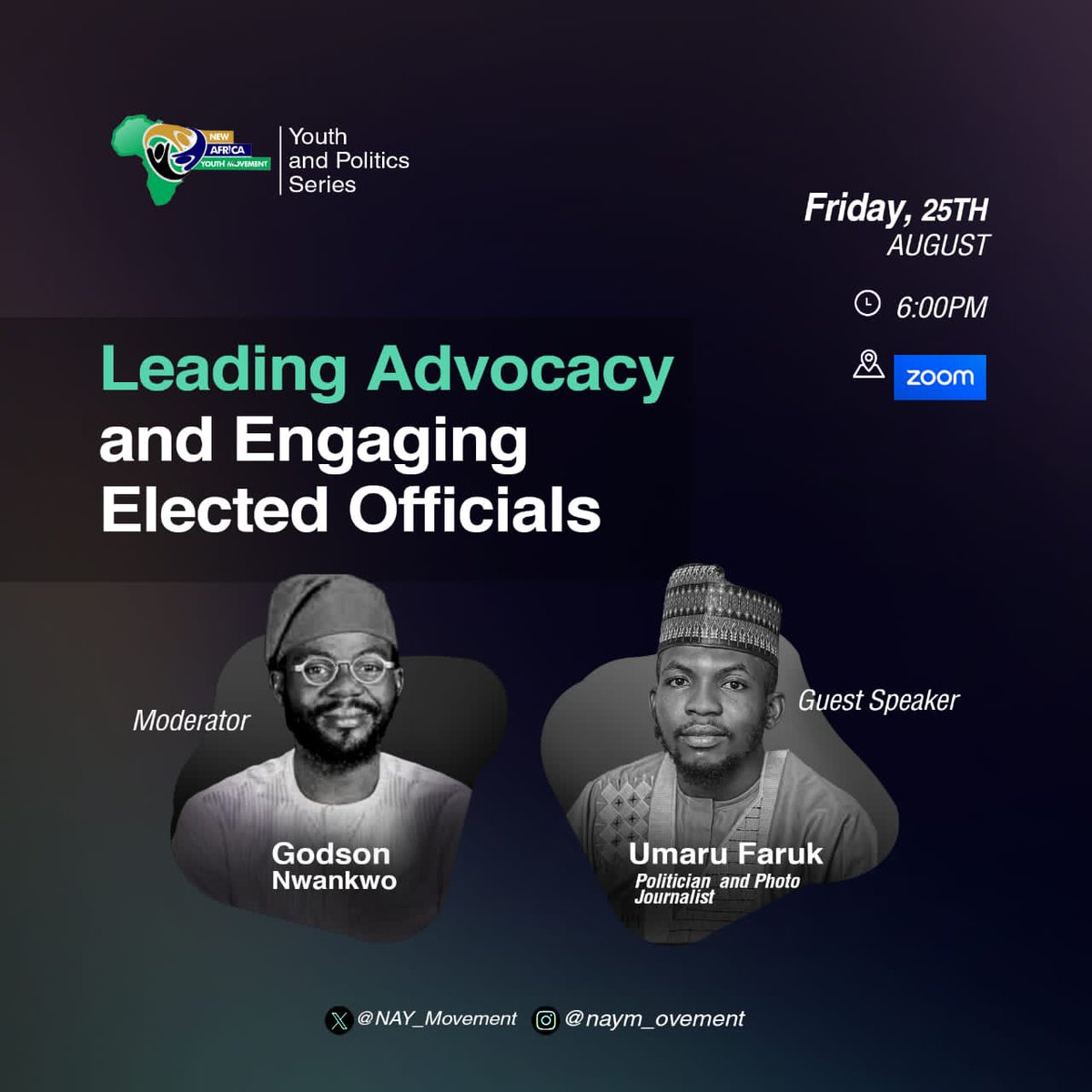 NAY_Movement's tweet photo. Join us for this session and learn how to get the attention of your elected officials to the pressing issues in your community.🚀

Topic: Leading Advocacy and Engaging Elected Officials.

Time: Aug 25, 2023, 06:00 PM Africa/Brazzaville
📌 Location: Zoom Meeting
 Link Below https://t.co/eWPuJrPM1Q