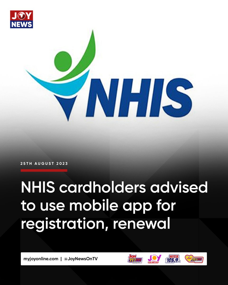 Joy997FM's tweet photo. NHIS cardholders advised to use mobile app for registration, renewal #JoyNews
https://t.co/wGKJ6ahnjb https://t.co/Pkm5bh38rT