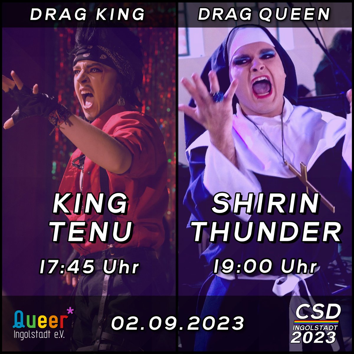 CSDIngolstadt's tweet photo. Unsere beiden diesjährigen Drag-Künstler*innen: Drag King King Tenu und Drag Queen Shirin Thunder! 😊🏳️‍🌈🏳️‍⚧️

#queer #queeringolstadt #ingolstadt #csd #csdingolstadt #csdingolstadt2023 #lgbt #lgbtpride #lgbti #lgbtq #lgbtiq #lgbtqi #pride #queereraktionsplanbayernjetzt https://t.co/IKD6B9EMC1
