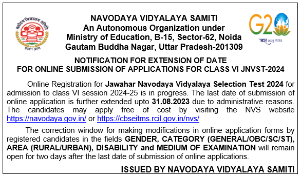 NVS_HQ's tweet photo. 🔊 The last date for submission of online application forms for Class VI JNVST-2024 has been further extended up to 31.08.2023

👉 The candidates may apply free of cost by visiting the NVS website.

💻 Registration Link : https://t.co/SpLxnA7xbW

#JNVST2024 #Class6 #Admission https://t.co/bU6LI5jVTG