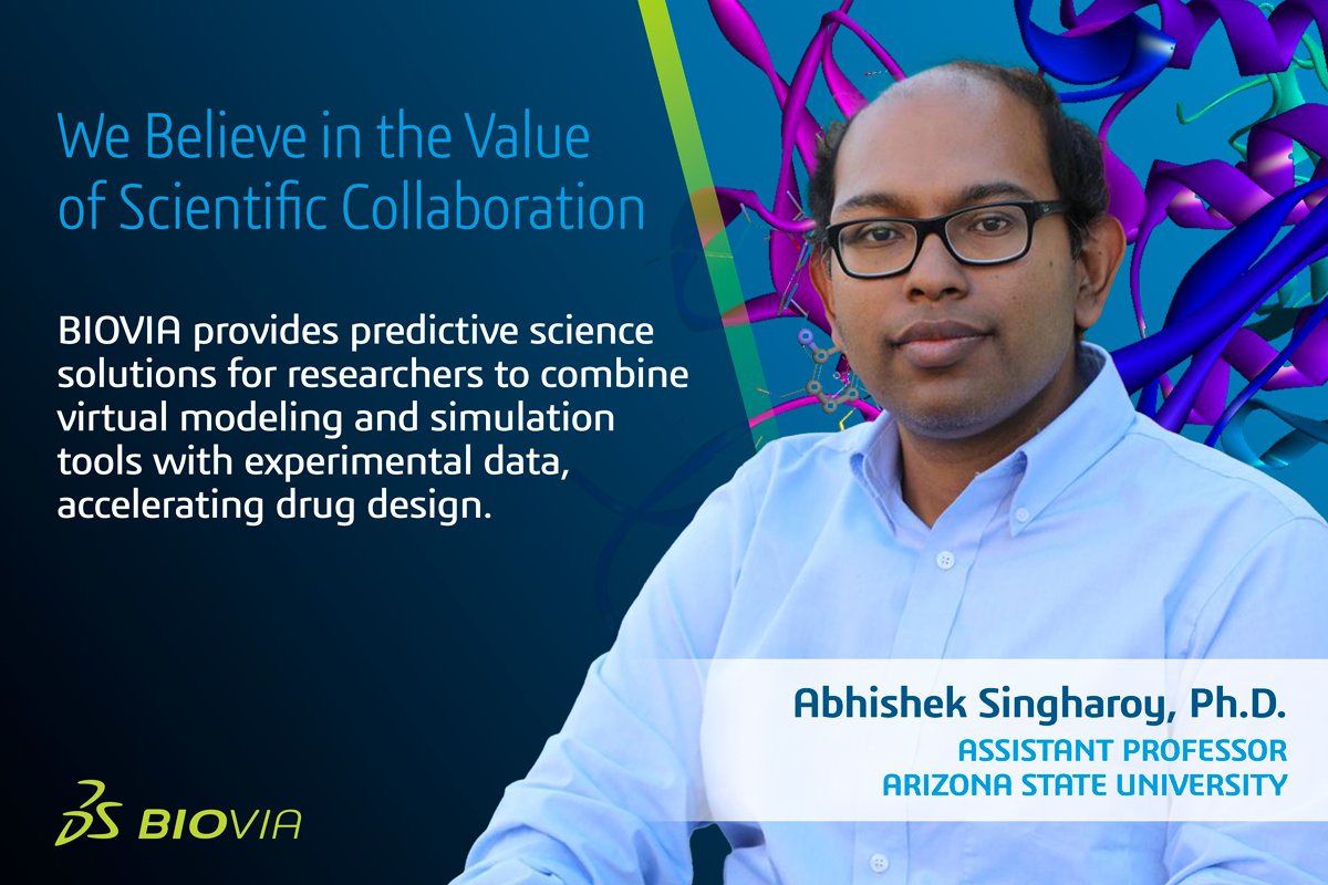 3dsBIOVIA's tweet photo. Meet Dr. Abhishek Singharoy @abhisekhsingha1, Assistant Professor at @ASU and a BIOVIA Science Ambassador! He collaborates with BIOVIA to design effective and safe therapies against tumors resistant to protein target changes. Read the full post here: https://t.co/KrYJcE27c9. https://t.co/oOiowJrCZV