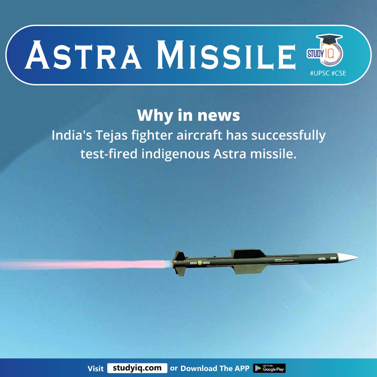 upsciq's tweet photo. Astra Missile

#astramissile #india #tejasfighteraircraft #whyinnews #tejas #beyondvisualrange #bvr #airtoairmissile #defenceresearchanddevelopmentlaboratory #drdl #researchcentreimarat #rci #drdo #aatmanirbharbharat #upsc #cse #ips #ias #lactejas https://t.co/4t9NkKSaRQ
