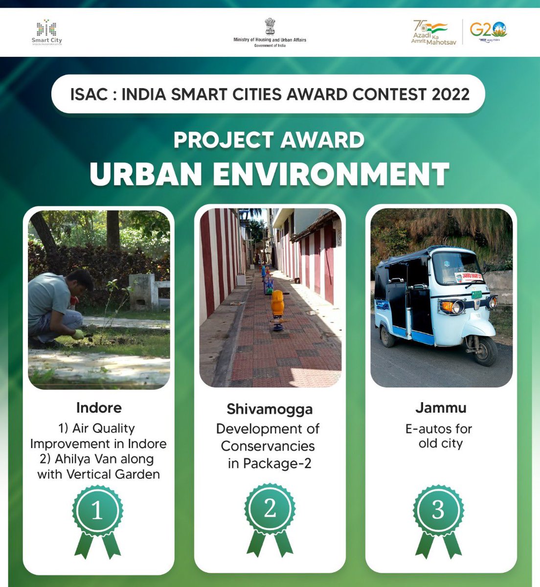 It is a matter of great pleasure and pride to inform that #Jammu has bagged 3rd place under 'Urban Environment Project' for its "eAuto/eRickshaw project" in #ISAC2022 #SCM 

Many Congratulations to
 #1 <a href="/IndoreSmartCity/">IndoreSmartCity</a>
 #2 <a href="/smgsmartcity/">Shimoga Smartcity</a>