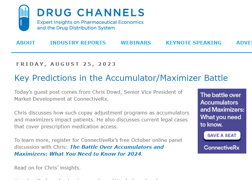 Hot off the presses, 'Key Predictions in the Accumulator/Maximizer Battle.' Check out thoughts from Chris Dowd in today's Drug Channels Institute guest post. #what'snext #copay #patientsupport hubs.li/Q020dwH60