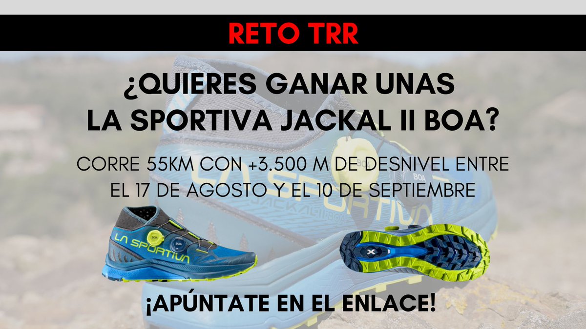 Tenemos el reto de las <a href="/LaSportivaSpain/">LaSportivaSpain</a> Jackal II <a href="/boafitsystem/">BOA® Fit System</a> activo.

Si quieres entrar en el sorteo de una unidad, solo tienes que apuntarte en el siguiente enlace y acumular kilómetros y metros de desnivel.

trailrunningreview.com/servlet/Club-S…