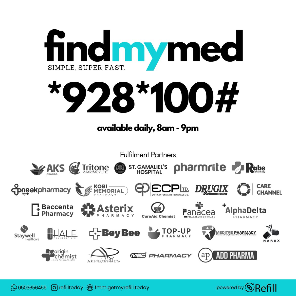 refilltoday's tweet photo. Exciting news! Our all-inclusive program is teaming up with pharmacies, retail stores, and wholesale distributors to make medication more accessible than ever. Dial *928*100# for a Simple, Super fast service! #HealthcarePartnership #FindMyMed #HealthcareTech https://t.co/4wpKeQt4hx