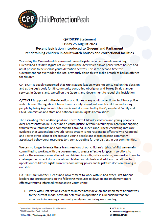 QATSICPP's tweet photo. QATSICPP Statement
Recent legislation introduced to Queensland Parliament re: detaining children in adult watch houses and correctional facilities
Read our full Statement: https://t.co/e53ESZ9YM0 https://t.co/iPCay1XU1z