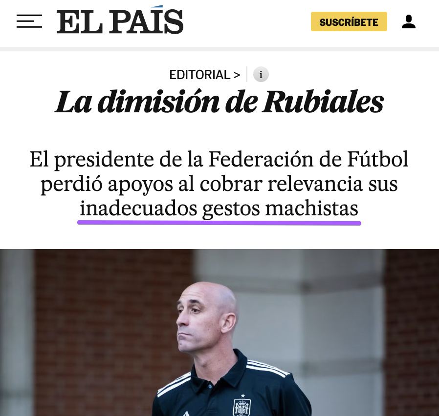 PabloEchenique's tweet photo. Para la derecha mediática, Rubiales es la víctima: "abandonado por todos".

Para la progresía mediática, hablamos de "gestos inadecuados". No una presunta agresión sexual. Más bien una cosita estética de protocolo.

De donde más va a costar sacar el machismo es de la prensa.