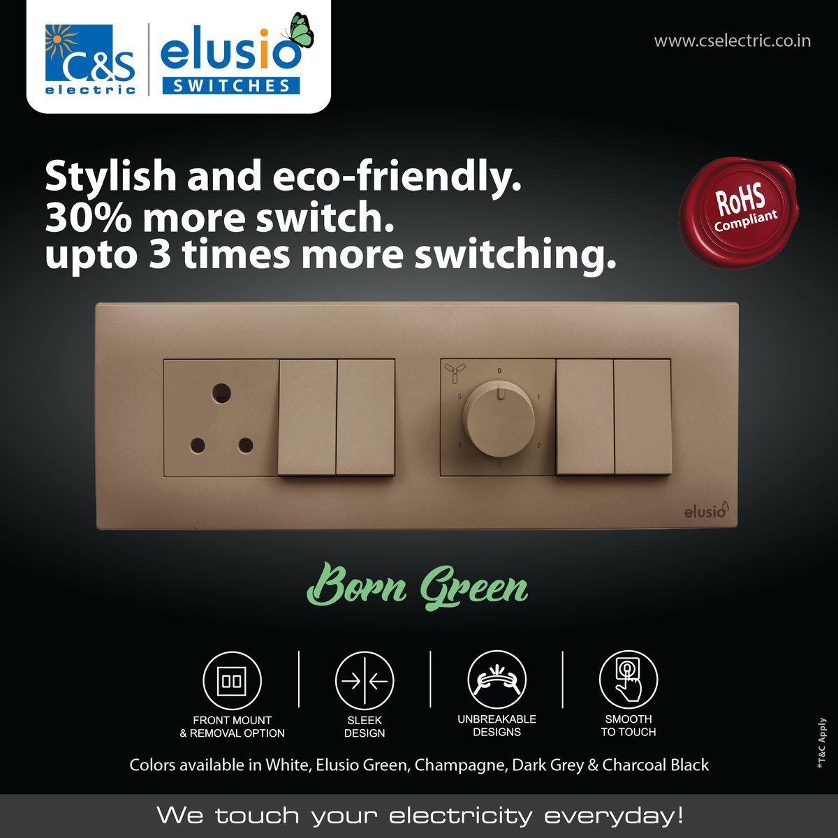 cselectricltd's tweet photo. Elusio is a range of modern switches, that is born green. Environment friendly and made out of recyclable materials, the switches are also ROHS compliant. Available in five designer colors, they add a dash of contemporary style to your décor. 
#cselectric #elusio #BornGreen https://t.co/ReuAOWwpTZ