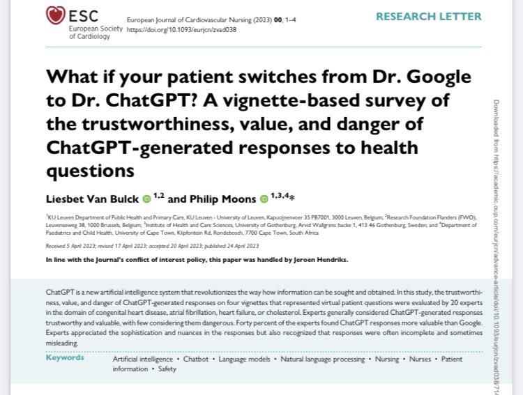 #ESCCongress Read more on what if your patient switches from Dr. Google to Dr. ChatGPT? doi.org/10.1093/eurjcn… @BulckLiesbet @MoonsPhilip @ESC_Journals @ESCardioNews @OUPMedicine