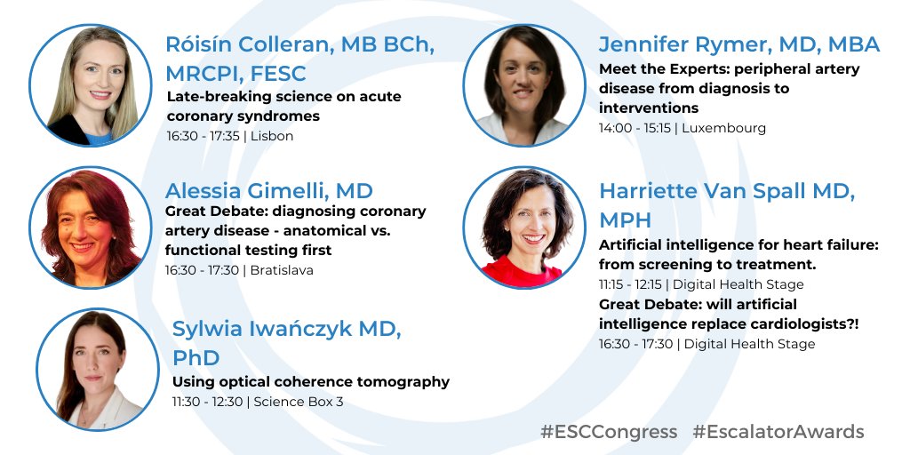 There are 5 Escalator Award winners involved in today's #ESCCongress sessions! See when they're presenting and attend! 👇

Dr. Róisín Colleran, <a href="/alessia_gimelli/">Alessia Gimelli</a>, <a href="/iwanczyk_sylwia/">Sylwia Iwańczyk</a>, <a href="/jennifer_rymer/">Jennifer Rymer</a>, <a href="/hvanspall/">Harriette Van Spall, MD MPH 🇨🇦</a>.

#MedTwitter #CardioTwitter #WIC #EscalatorAwards <a href="/escardio/">European Society of Cardiology</a>