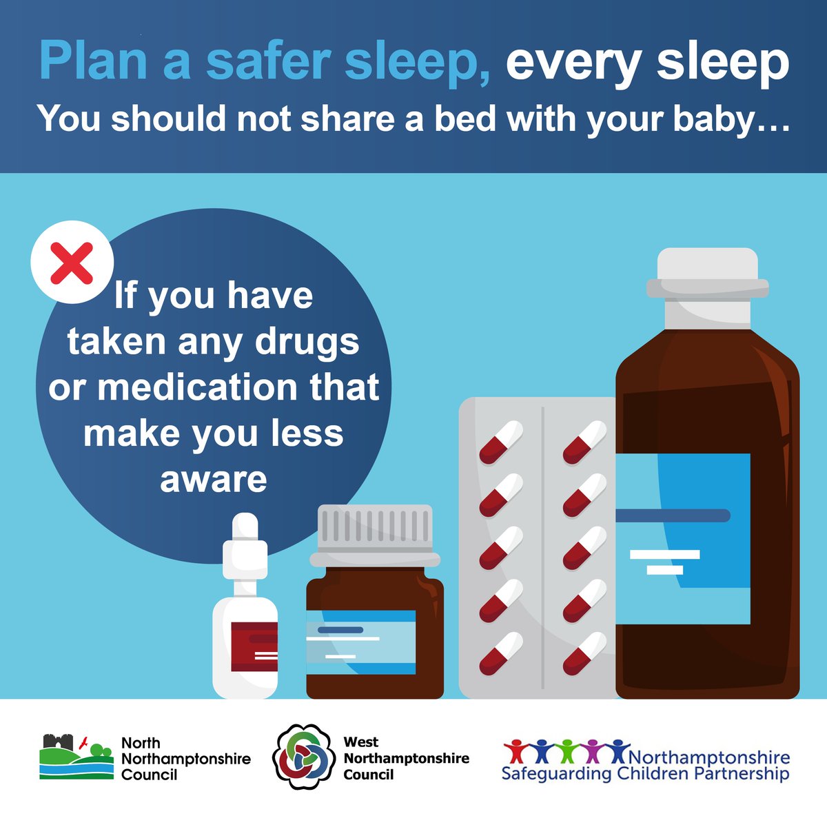 Whether prescribed or recreational, drugs can make you sleepy or less aware. It is always best to put baby in their own clear, flat separate sleep space, such as a cot or Moses basket in the same room as you. Visit The Lullaby Trust for advice bit.ly/3uMzXkE