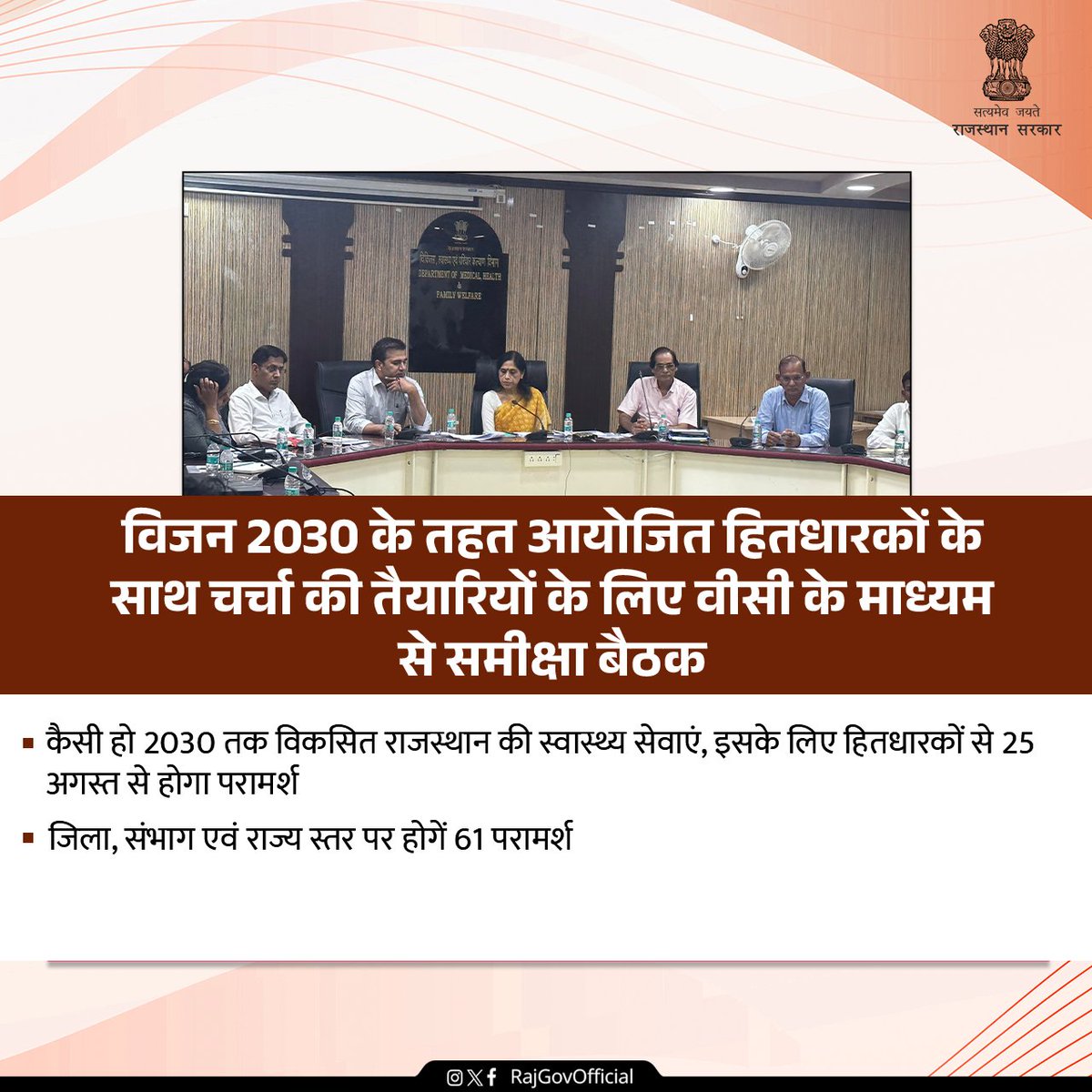 RajGovOfficial's tweet photo. राजस्थान को विकसित राज्यों में अग्रणी राज्य बनाने के मुख्यमंत्री के विजन-2030 के लक्ष्य के तहत महत्वपूर्ण सुझाव प्राप्त करने के उद्देश्य से चिकित्सा एवं स्वास्थ्य विभाग द्वारा 25 अगस्त से 5 सितम्बर ��क प्रदेशभर में जिला एवं संभाग स्तर पर हितधारकों के साथ चर्चाएं आयोजित की जाएंगी। https://t.co/qEx4KWz1Q5