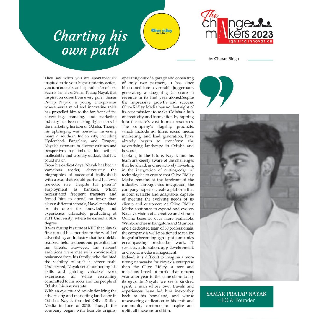 interviewtimes2's tweet photo. Discover the incredible journey of Samar Pratap Nayak, a true embodiment of inspiration and innovation. Join us as we delve into his meteoric rise in our latest edition 'The Changemakers 2023'.
Read more: https://t.co/EPCd4xUqrk
#magazinefeature #Interviewtimes https://t.co/FoiIpUffDC