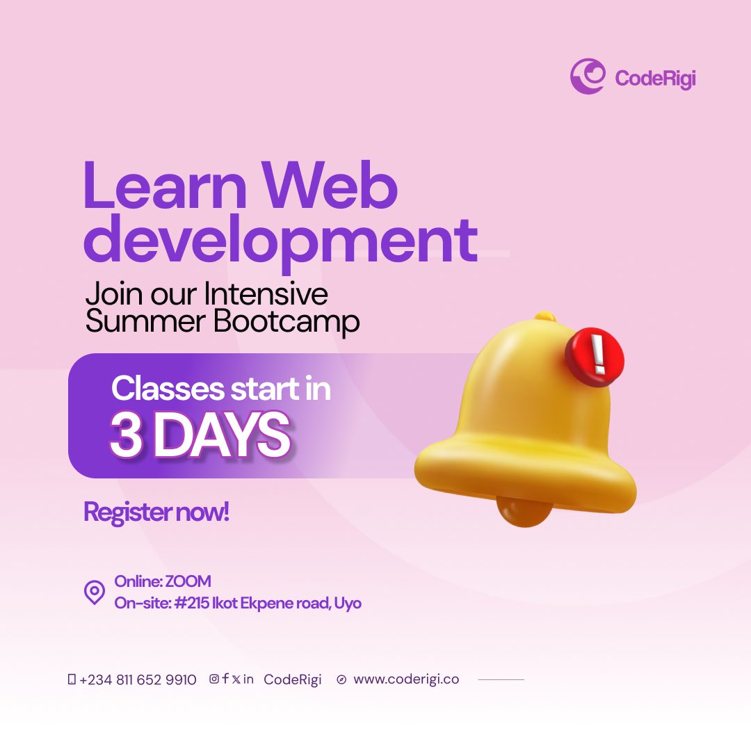 coderigi_'s tweet photo. Have you registered for the CodeRigi Academy Bootcamp?
Itβs a 2-week onsite/online intensive coding program, organized by #CodeRigiAcademy
Registration Fee: N10,000
Classes begin on Monday 28th August, 2023. https://t.co/IlJiuk7ZnK