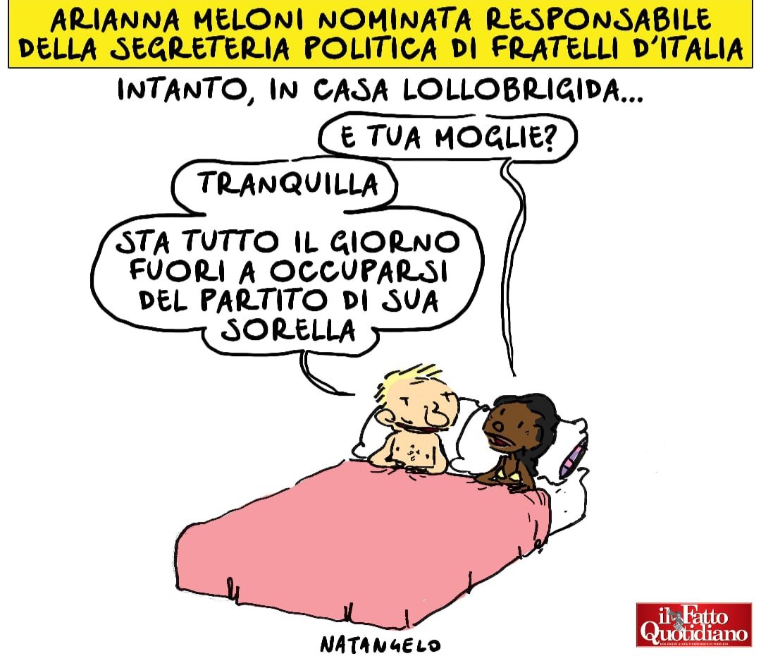 NatangeloM's tweet photo. Sostituzione parentale - la mia vignetta per Il Fatto Quotidiano oggi in edicola! 

#lollobrigida #meloni #arianna #fratelliditalia @fattoquotidiano #vignetta #fumetto #memeitaliani #umorismo #satira #humor #natangelo https://t.co/17YMDvmNvp